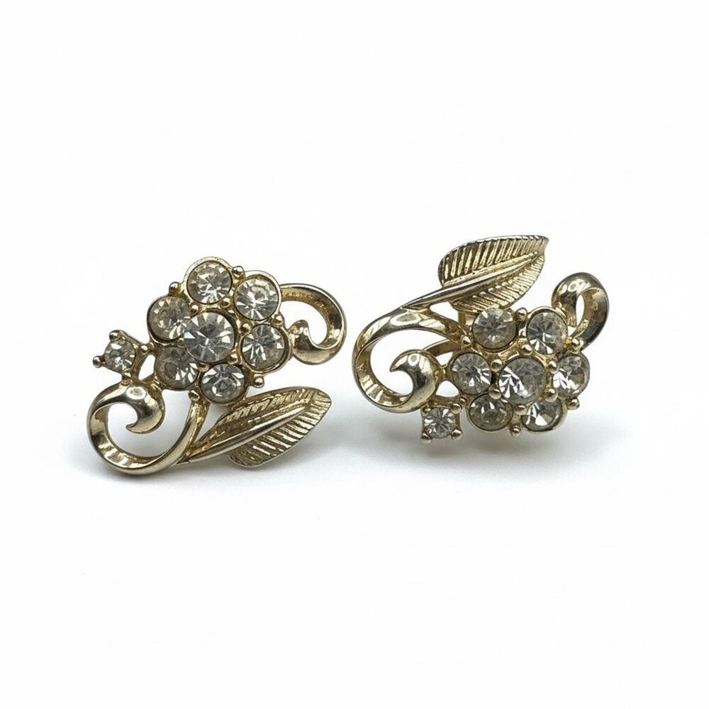 Vintage Coro Screw Back Earrings Large Clear Floral Stones
